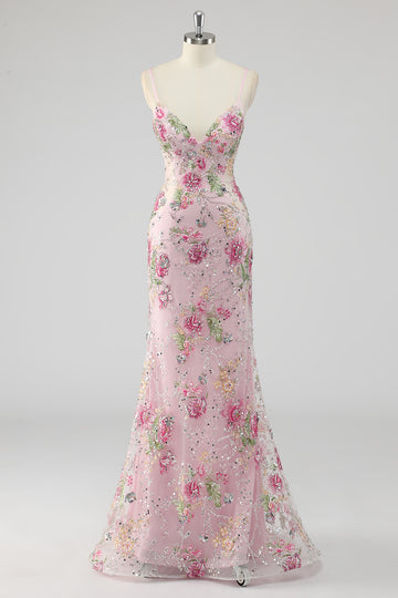 Sequins Mermaid Spaghetti Straps Pink Prom Dress with Appliques